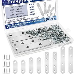 108PCS 4Sizes Flat Metal Brace Brackets Mending Plates for Wood Stainless Steel Bracket Plate with Holes (46mm/56mm/76mm/96mm)