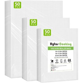 HytusCooking Pre-Cut Vacuum Sealer Bags (150 Pack Gallon 11" x 16" Quart 8" x 12" Pint 6" x 10") Heavy Duty Embossed，Commercial Grade for Food Storage, Meal Prep and Sous Vide，BPA-Free
