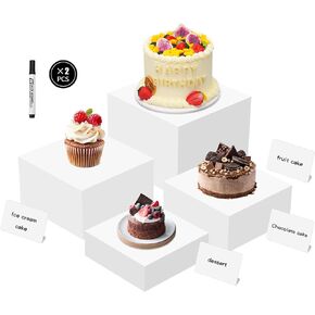 Acrylic Buffet Risers, 4 Pcs Risers Display Stands, Food Risers for Buffet Table, Acrylic Display Cube Box, White Nesting Risers for Display Dessret Cupcake Collectibles Jewelry, with 4 Mini Signs