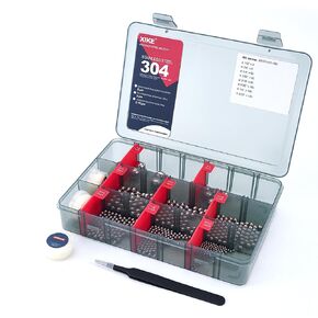XIKE 490PCS Stainless Steel Balls, Assortment Kit Precision Bearing Steel Balls Kit with Tweezer Storage Box, 1/2" 3/8" 1/4" 7/32" 3/16" 5/32" 1/8" 3/32" (8 Sizes)
