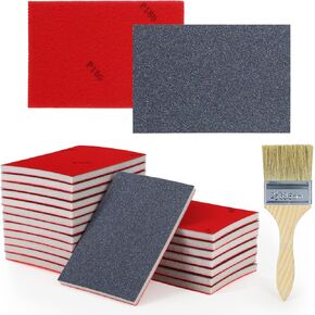 KACNON 20Pcs 180 Grit Sanding Sponge Set - Ultra Fine Sanding Sponges Pads with Brush - Soft Foam Sanding Block - Dry Wet Sandpaper Assortment for Model Drywall Metal Wood Furniture Polishing