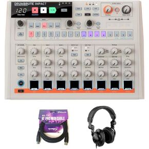 Arturia DrumBrute Impact 1984 Analog Drum Machine - White Bundle with Polsen HPC-A30 Closed-Back Studio Monitor Headphones, Kellards MID-P10T Pro MIDI to MIDI Cable 10 Feet