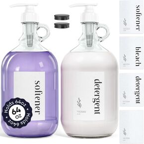 Glass Dispenser Bottle with Labels (2-Pack) - Half Gallon 64 oz. Jars with Leakproof Pump Perfect for Laundry, Fabric Softener, Kitchen Soap, Bleach, Shampoo, Syrup