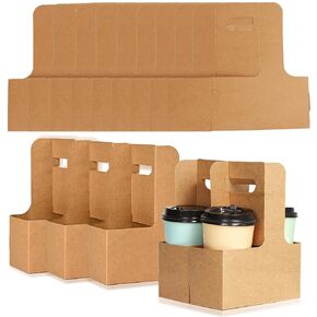 50 Pack 2 Cup Kraft Drink Carrier with Handle, 2 or 4 Cup Kraft Paperboard Drink Carrier Disposable to Go Coffee Cup Holder for Hot or Cold Drinks, Food Delivery, Cafe