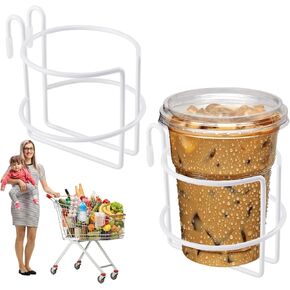 2 Pcs Shopping Cart Cup Holder with Bottom Bar, Updated Portable Cup Holder Reusable Shopping Carts Drink Holder Stainless Steel Cup Holder for Hanging Stanley Cup Coffee Cup Baby Bottle (Black)