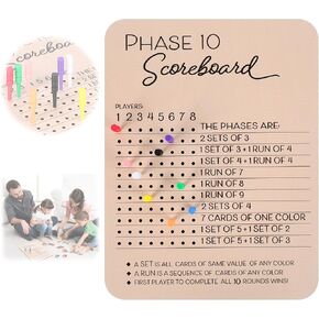 Phase 10 Score Board, Wooden Phase 10 Scoreboard, Phase 10 Score Sheets with 8 Colored Pegs, 10 Scorecard and Round Tracker, Classic Family Adults Board Card Games Night Table Score Boards