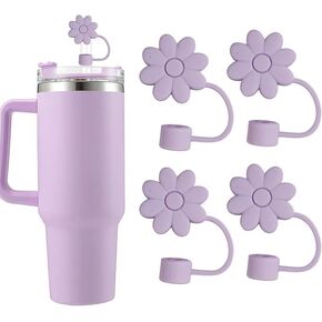 Flower Straw Covers Toppers for Stanley Cups 30&40 Oz Tumbler with Handle Accessories 4PCS Silicone Straw Caps Reusable Straw Tips Protectors for Stanley Cup 10mm 0.4in Straws,Purple