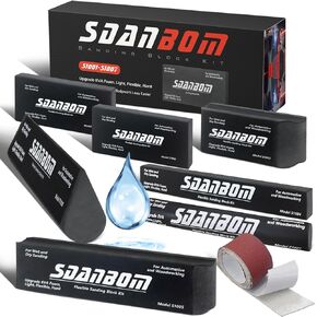 Sanding Block Kit 7PC with TearBlock and Sandpaper - Wet or Dry Auto Body Sanding Blocks for Woodworking Automotive Car Bodywork, Light, Flexible, Hard, Black
