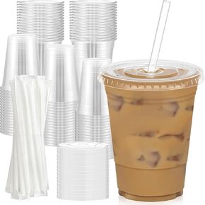 100 Pack - 16 oz Clear Plastic Cups with Lids and Straws, Sturdy & Food Safe Iced Coffee Cups with lids, Iced Coffee Cup, Disposable Cups Plastic Coffee Cups Smoothie Cups for Cold Drinks