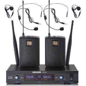Dual Channel UHF Wireless Microphone System, 2x30 Adjustable Frequencies, Lavalier & Headset Microphone System for Meeting, Church, 300ft Range (2 Bodypack)