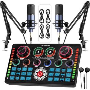 Podcast Equipment Bundle, Keten All-in-One Audio Interface DJ Mixer with 2 XLR Condenser Microphones, Recording Studio Kit Live Sound Card for Singing Broadcast/Live Streaming/Gaming/Voice Over