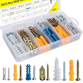 Drywall Anchors and Screws Assortment Kit 320pcs, 160 Heavy Duty Plastic Wall Anchors, 160 Philips Flat Head Screws, 6 Sizes of Screws and Sheetrock Anchors, 2025 New Wall Anchors for Drywall