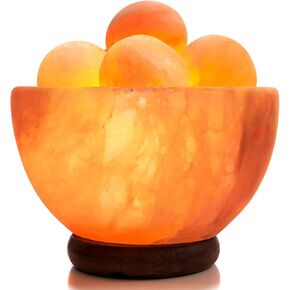 UMAID Natural Himalayan Rock Sea Salt Lamp Bowl With 6 Heated Salt Massage balls, Stylish Wood Base, Bulb With Dimmable Switch UL-Listed Cord