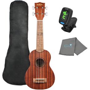 Kala KA-15S Ukulele Satin Mahogany Soprano Bundle with a Ukulele Tote Bag, Tuner, and Lumintrail Polishing Cloth