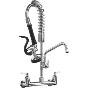 Commercial Faucet with Sprayer 8 Inch Center 25" Height Wall Mount Kitchen Sink Faucet Add On 12" Spout and Pull Down Pre Rinse Sprayer Faucet for 1, 2 or 3 Compartment Sink (Polished Chrome)