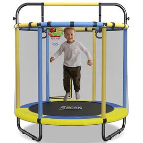 BCAN 60''/55" Mini Trampoline for Ages 1 to 8 Kid, 5FT Toddler Trampoline - Indoor/Outdoor Use with Enclosure Net, Adjustable Gymnastics Bars, Basketball Hoop, Gifts for Boys & Girls