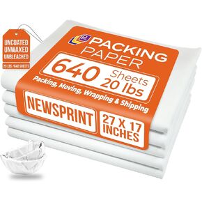 White Bulk Packing Paper Sheets for Moving | 640 sheets | 27" x 17" | 20 lb | Twin Pack | | Newsprint Packing Paper Sheets - Must Have in Your Moving Supplies, Packing Materials, Moving Paper Wrap