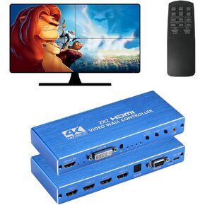 Video Wall Controller, 4K 2X2 TV Wall Processor with HDMI+DVI+RS232 Input, Support 180° Rotate, 4 HDMI Output Support Images Stitching 1x2 1x3 1x4 4x1 etc (Blue)