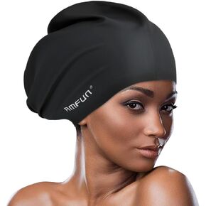 Swimming Cap for Long Hair, Extra Large Swimming Caps for Women & Men, Silicone Adult Swim Cap, Waterproof Swimming Hat for Dreadlocks, Weaves, Curls, Hair Extensions, Braids, Afros, Black