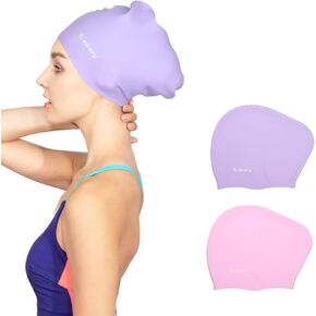 Keary 2 Pack Updated Silicone Swim Cap for Long Hair Women Girl Waterproof Bathing Pool Swimming Cap Cover Ears to Keep Your Hair Dry, 3D Soft Stretchable Durable and Anti-Slip, Easy to Put On and Off