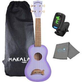 Kala Purple Burst Dolphin Makala Soprano Ukulele - MK-SD/PLBURST Bundle with a Tuner and Lumintrail Polishing Cloth