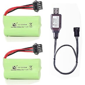 HHZ 2 Pcs 7.4v 500mah Li-ion Battery SM4P Plug with 7.4v USB Cable for Gel Ball Blaster Electric Ball Water Blaster Gun