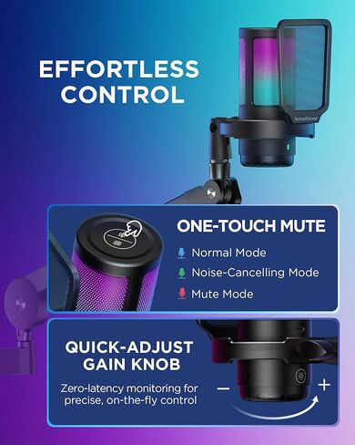 InnoGear USB Gaming Microphone Set, Noise Cancellation Condenser Mic with Boom Arm RGB Mute Headphones Jack for Streaming Podcasting Recording Vocal PC Computer YouTube Discord PS4 PS5, Black in Saudi Arabia