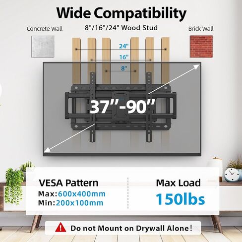 32-90" Full Motion Sliding TV Wall Mount, Fits 16" 18" 24" Wood Studs, Wall Mount TV Bracket with Smooth Swivel, Tilt, Extension, Holds up to 150lbs, Max VESA 600x400mm, Fit Most 75 85 86 TVS in Saudi Arabia