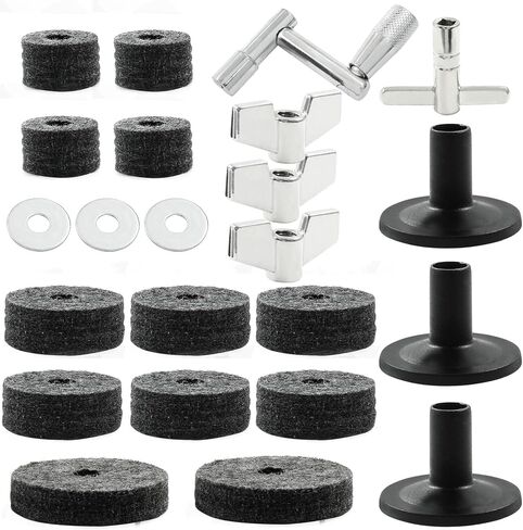 Piutouyar 23 Pcs Black Cymbal Replacement Accessories Set, Cymbal Stand Felts Hi-Hat Cup Felt Hi-Hat Clutch Felt with Cymbal Sleeves with Base, Wing Nuts, Cymbal Washer, and Drum Key in Saudi Arabia