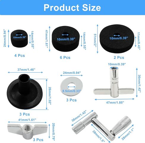 Piutouyar 23 Pcs Black Cymbal Replacement Accessories Set, Cymbal Stand Felts Hi-Hat Cup Felt Hi-Hat Clutch Felt with Cymbal Sleeves with Base, Wing Nuts, Cymbal Washer, and Drum Key in Saudi Arabia
