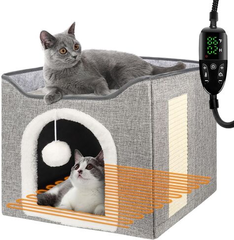 سرير قطط مُدفأ للقطط الداخلية، بيت قطط قابل للطي مع وسادة تدفئة قابلة للإزالة للقطط، سرير قطط مغطى بالكلاب الصغيرة، مخبأ للكهف مع وسادة خدش، للاستخدام في جميع المواسم in Kuwait