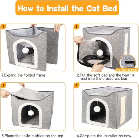 سرير قطط مُدفأ للقطط الداخلية، بيت قطط قابل للطي مع وسادة تدفئة قابلة للإزالة للقطط، سرير قطط مغطى بالكلاب الصغيرة، مخبأ للكهف مع وسادة خدش، للاستخدام في جميع المواسم in Kuwait