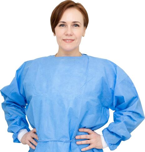 AMU Solutions Level 2 Disposable Isolation Gowns - SMS 35g, Knitted Cuffs, Fully Closed Double Tie Neck and Waist, Universal Fit, Latex-Free, Blue (10) in Saudi Arabia