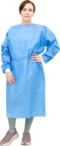 AMU Solutions Level 2 Disposable Isolation Gowns - SMS 35g, Knitted Cuffs, Fully Closed Double Tie Neck and Waist, Universal Fit, Latex-Free, Blue (10) in Saudi Arabia