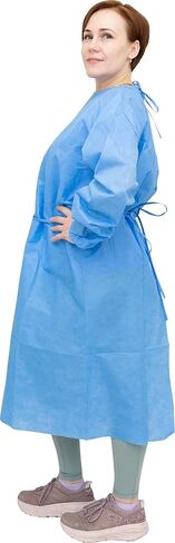 AMU Solutions Level 2 Disposable Isolation Gowns - SMS 35g, Knitted Cuffs, Fully Closed Double Tie Neck and Waist, Universal Fit, Latex-Free, Blue (10) in Saudi Arabia