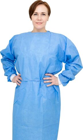 AMU Solutions Level 2 Disposable Isolation Gowns - SMS 35g, Knitted Cuffs, Fully Closed Double Tie Neck and Waist, Universal Fit, Latex-Free, Blue (10) in Saudi Arabia