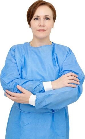 AMU Solutions Level 2 Disposable Isolation Gowns - SMS 35g, Knitted Cuffs, Fully Closed Double Tie Neck and Waist, Universal Fit, Latex-Free, Blue (10) in Saudi Arabia