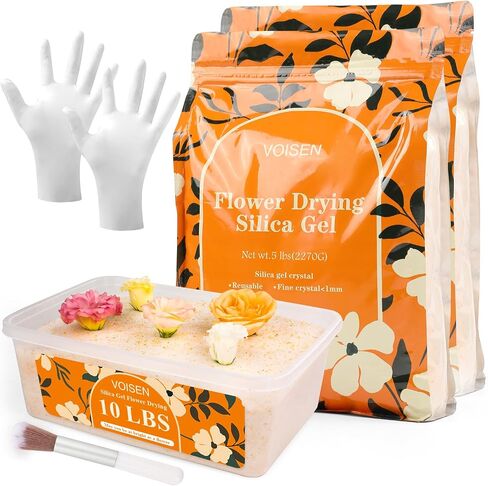 VOISEN Silica Gel Flower Drying, 5LBS Silica Gel for Drying Flowers,Color Indicating Flower Preservation Kit Contains Flowers Desiccant, Brush, Gloves, 6.7 L Plastic Box in Kuwait