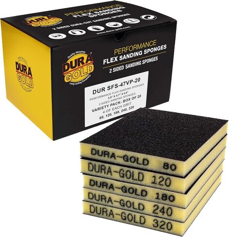 مجموعة متنوعة من إسفنجة الصنفرة ذات الوجهين من Dura-Gold، صندوق مكون من 20 قطعة، حبيبات 80، 120، 180، 240، 320-4.7 بوصة × 3.9 بوصة، إسفنجات ورق صنفرة ناعمة مرنة رطبة أو جافة، وسادة كتلة الصنفرة اليدوية، طلاء معدني خشبي in Kuwait
