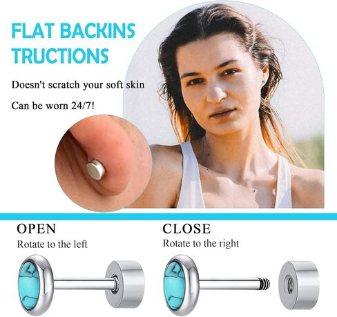 Flat Back Earrings for Women, G23 Titanium Hypoallergenic Onyx Earrings, Stone Flat Back Studs Earrings for Multiple Piercings, Nickel Free Flatback Earrings Studs(Black Onyx, 4MM) in Kuwait