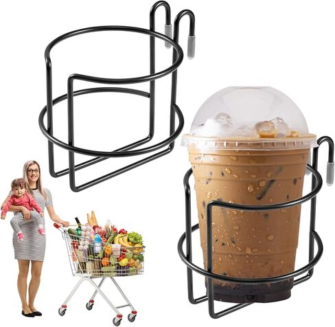 2 Pcs Shopping Cart Cup Holder with Bottom Bar, Updated Portable Cup Holder Reusable Shopping Carts Drink Holder Stainless Steel Cup Holder for Hanging Stanley Cup Coffee Cup Baby Bottle (Black) in Kuwait
