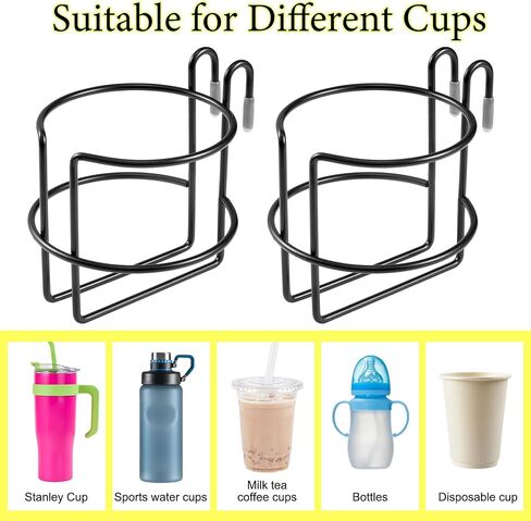 2 Pcs Shopping Cart Cup Holder with Bottom Bar, Updated Portable Cup Holder Reusable Shopping Carts Drink Holder Stainless Steel Cup Holder for Hanging Stanley Cup Coffee Cup Baby Bottle (Black) in Kuwait