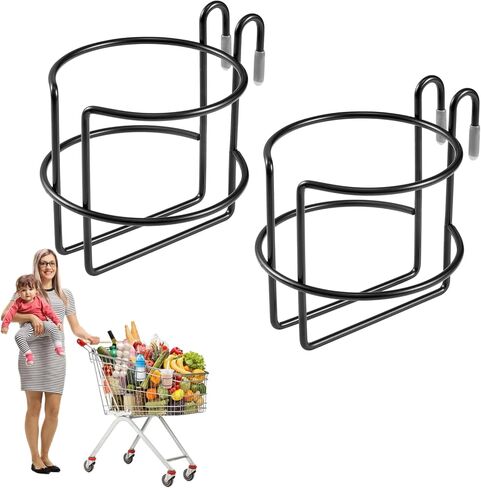 2 Pcs Shopping Cart Cup Holder with Bottom Bar, Updated Portable Cup Holder Reusable Shopping Carts Drink Holder Stainless Steel Cup Holder for Hanging Stanley Cup Coffee Cup Baby Bottle (Black) in Kuwait
