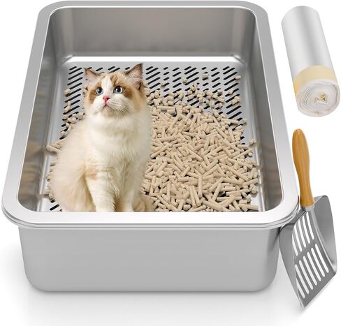 Stainless Steel Sifting Litter Box,Sifting Cat Litter Box for Wood Pine Pellets,Medium Sifter Litter Pan System for Kittens,Odor Control,Easy to Clean,with Sifting Litter Box Liners and Metal Scoop in Saudi Arabia