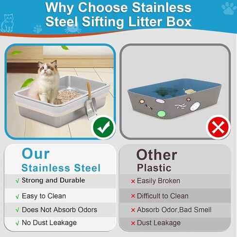 Stainless Steel Sifting Litter Box,Sifting Cat Litter Box for Wood Pine Pellets,Medium Sifter Litter Pan System for Kittens,Odor Control,Easy to Clean,with Sifting Litter Box Liners and Metal Scoop in Saudi Arabia