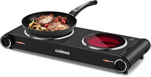 Electric Hot Plate,Cusimax Double Portable Electric Stove,1800w Infrared,Adjustable Temperature Control,Ceramic Glass Cooktop Burner,Compatible Of All Cookware,Stainless Steel,Silver+Black in Saudi Arabia