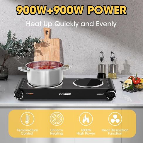 Electric Hot Plate,Cusimax Double Portable Electric Stove,1800w Infrared,Adjustable Temperature Control,Ceramic Glass Cooktop Burner,Compatible Of All Cookware,Stainless Steel,Silver+Black in Saudi Arabia