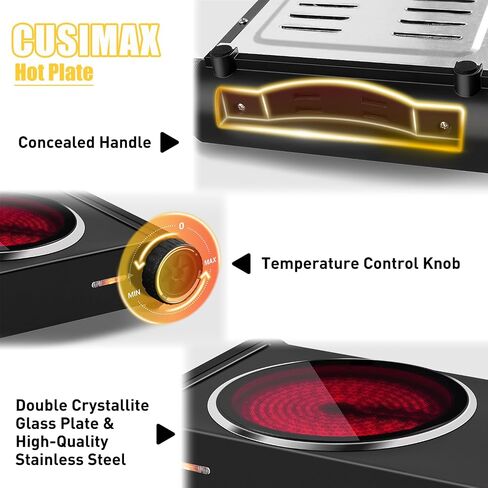 Electric Hot Plate,Cusimax Double Portable Electric Stove,1800w Infrared,Adjustable Temperature Control,Ceramic Glass Cooktop Burner,Compatible Of All Cookware,Stainless Steel,Silver+Black in Saudi Arabia
