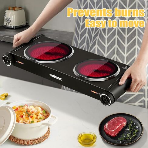 Electric Hot Plate,Cusimax Double Portable Electric Stove,1800w Infrared,Adjustable Temperature Control,Ceramic Glass Cooktop Burner,Compatible Of All Cookware,Stainless Steel,Silver+Black in Saudi Arabia