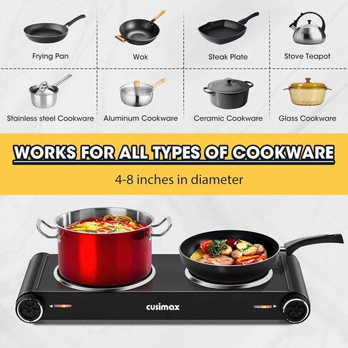 Electric Hot Plate,Cusimax Double Portable Electric Stove,1800w Infrared,Adjustable Temperature Control,Ceramic Glass Cooktop Burner,Compatible Of All Cookware,Stainless Steel,Silver+Black in Saudi Arabia